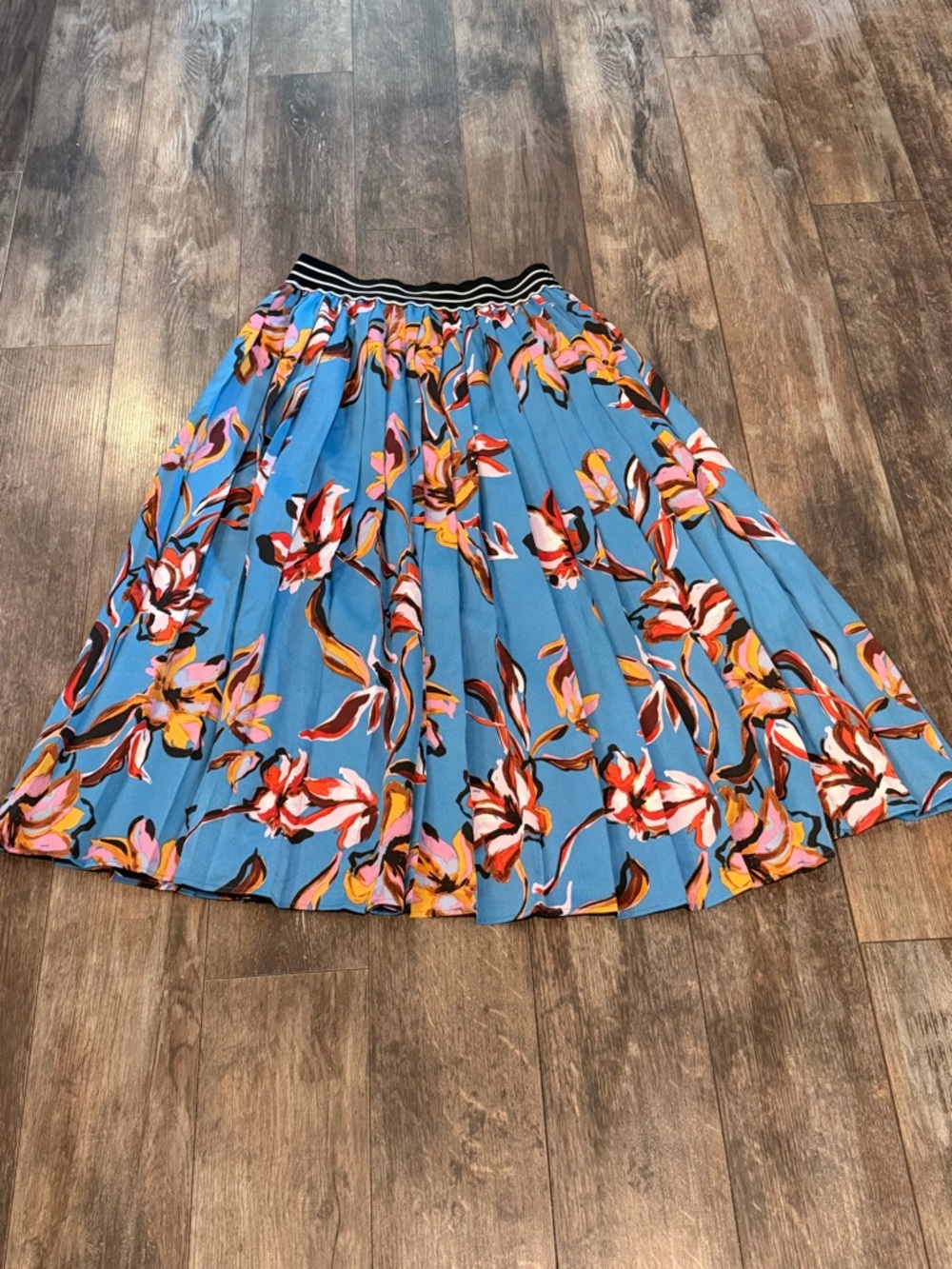 Halogen Blue Floral Pleated Circle Skirt with Striped Waistband